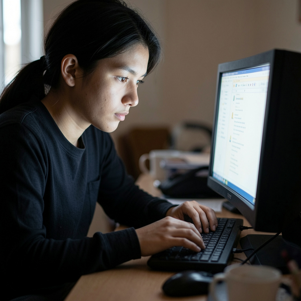 Keskittynyt henkilö työskentelee tietokoneella, kirkas valo korostaa tarkkaavaisuutta