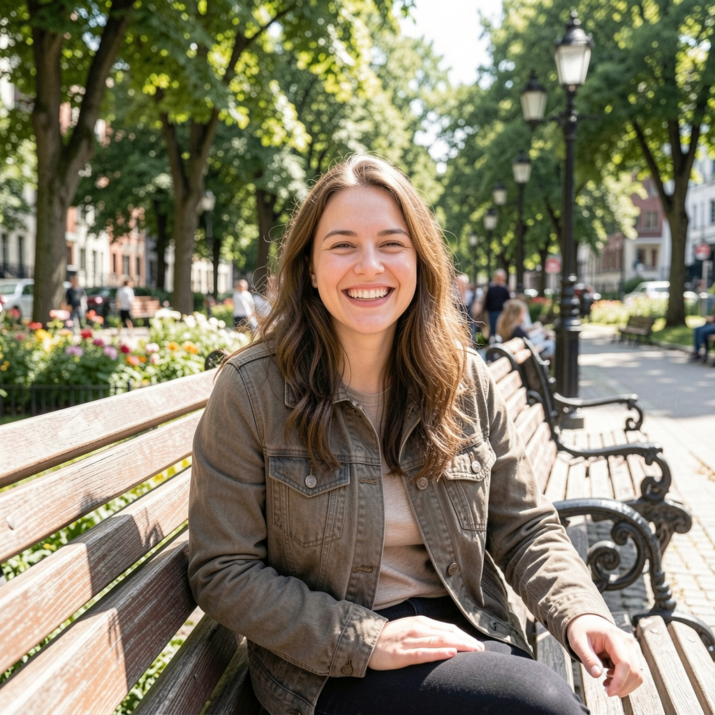 Hymyilevä henkilö nauttii ulkoilmasta, positiivinen ilme kasvoilla