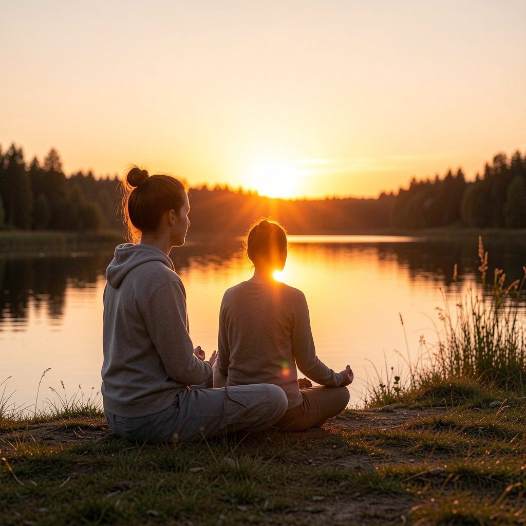 Henkilö meditoi luonnossa, auringonlasku taustalla, rauhallinen ilmapiiri