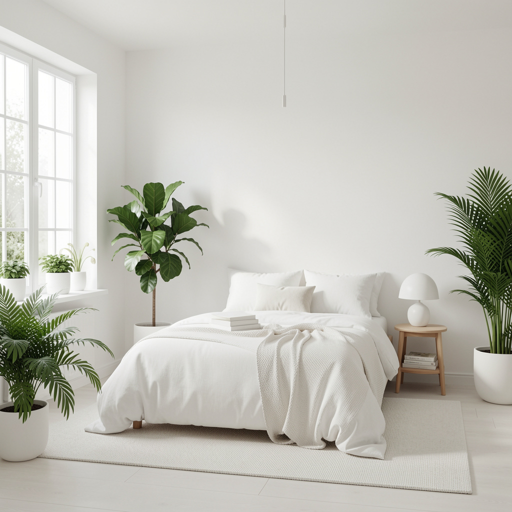 Minimalistinen makuuhuone, jossa valkoinen vuodevaatetus, pehmeä valaistus ja viherkasvit luovat rauhallisen tunnelman